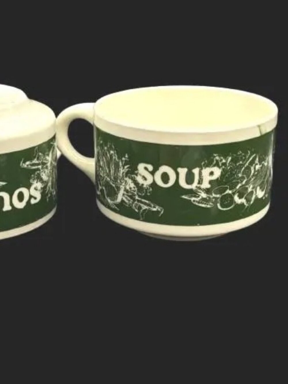 Vintage 1970's USA Pottery Vegetable Soup Mug Bowl Green Set of 2 - Picture 2 of 5